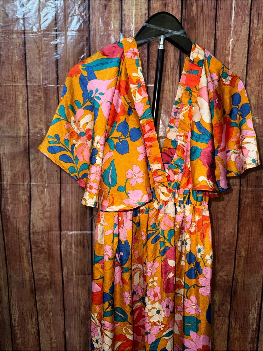 Floral Maxi Dress with Ruffle V-Neck - Mustard Pink Multi - Picture 2 of 5